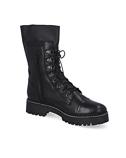 360 degree animation of product Black leather lace up boots frame-17