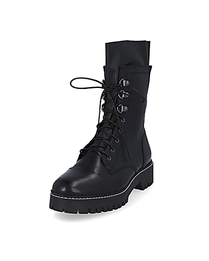360 degree animation of product Black leather lace up boots frame-23