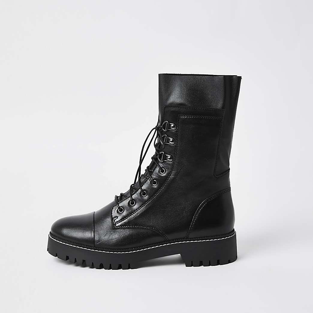 Black leather lace up boots | River Island