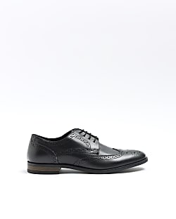 Black leather lace up brogue derby shoes