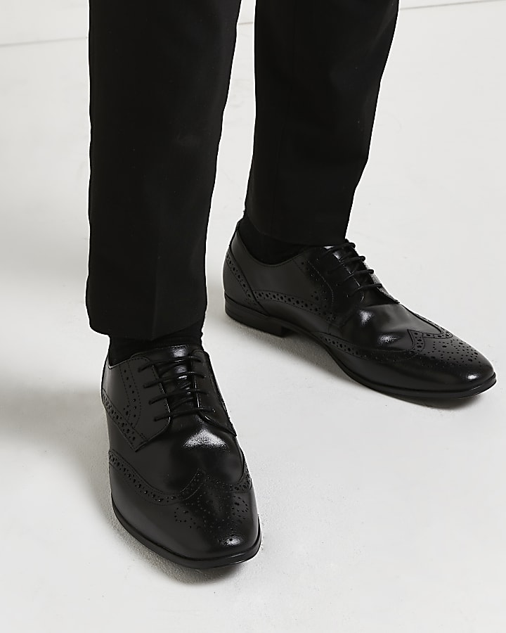 Black leather lace up brogue derby shoes