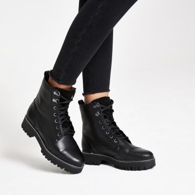 Black leather lace-up hiking boots 