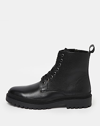 Black leather lace up military boots