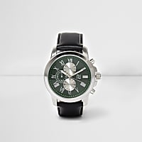 Black leather look strap green face watch