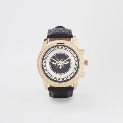 Black leather look wasp watch