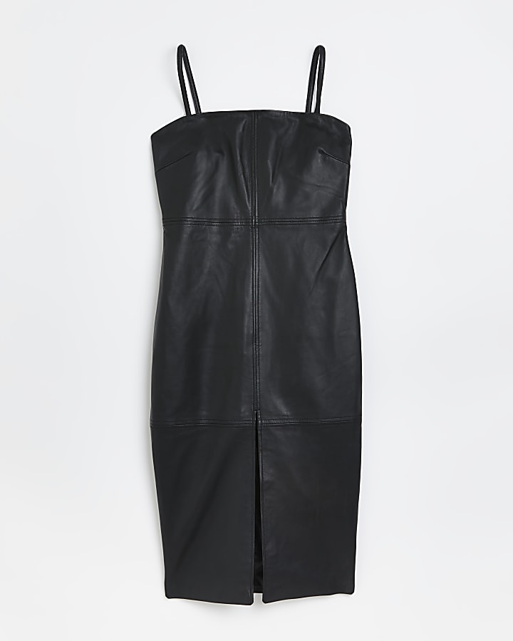 Black leather midi bodycon dress