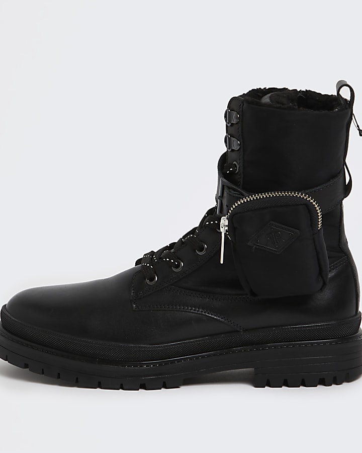 Black leather military boots with pouch