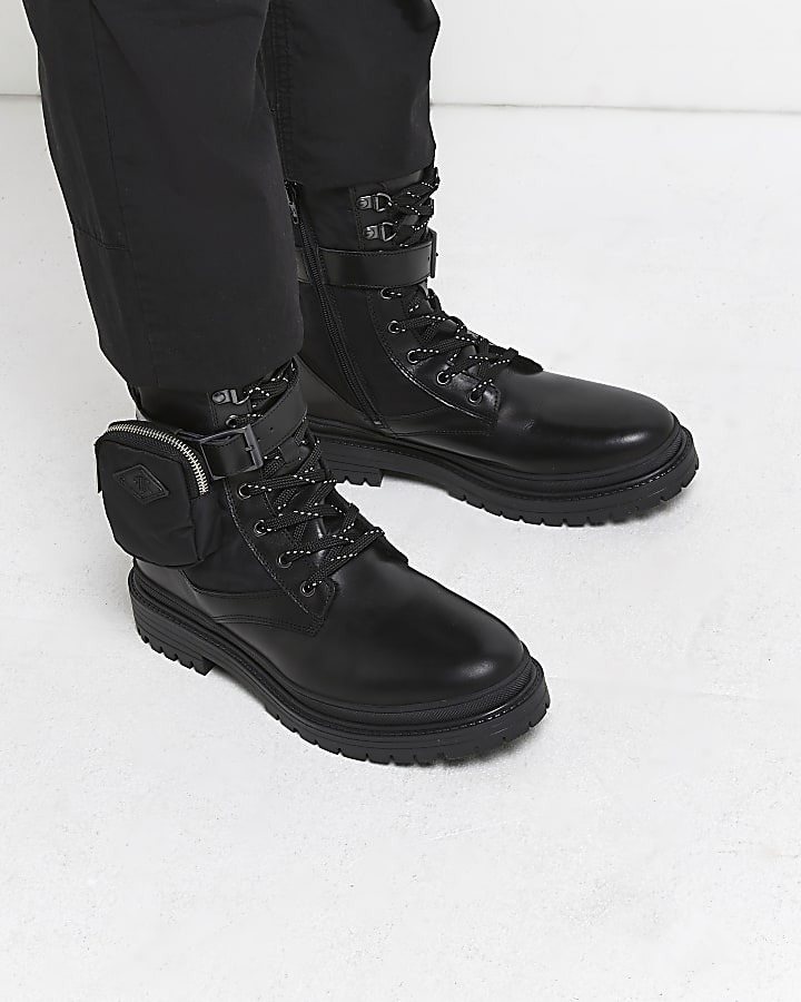 Black leather military boots with pouch