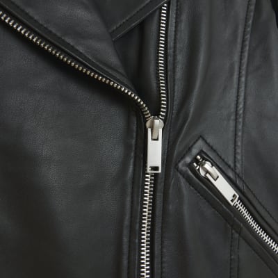 Black leather oversized biker jacket | River Island
