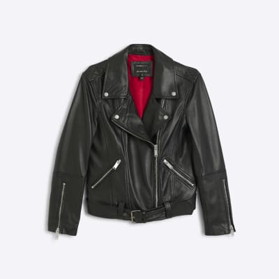 Black leather oversized biker jacket | River Island