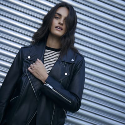 River island black leather hot sale jacket