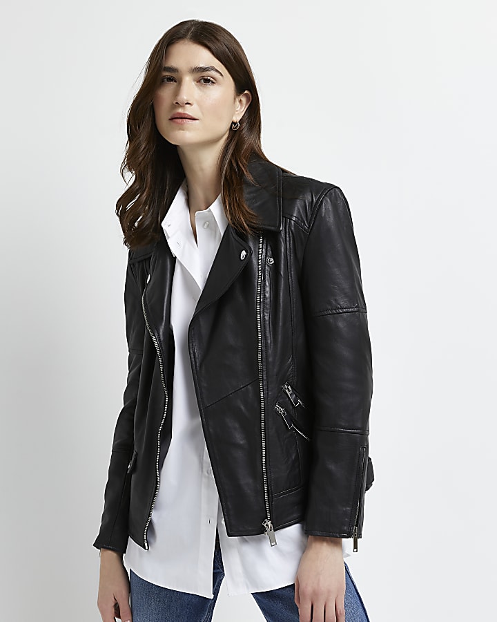 Black leather oversized biker jacket