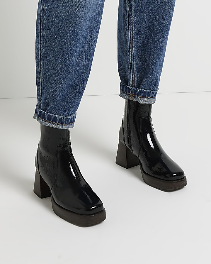Black leather platform ankle boots