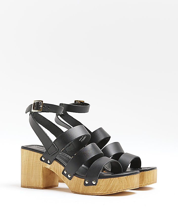 Black leather platform heeled sandals