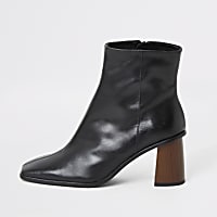 Black leather platform wood heel boots