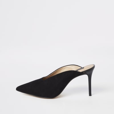 Black leather pointed toe slim heel mules
