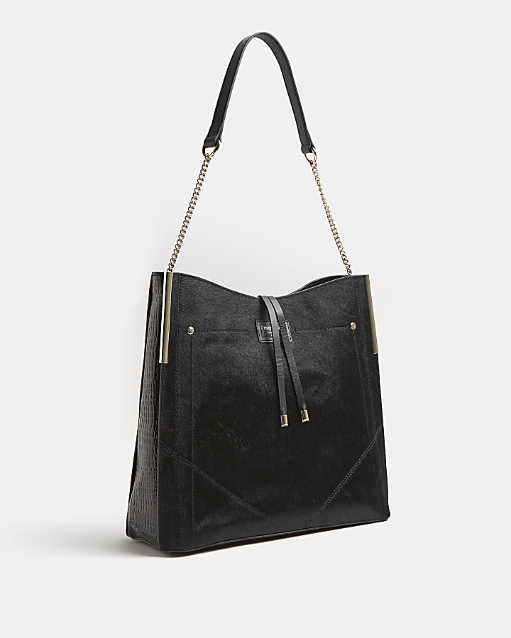 Black leather print slouch bag
