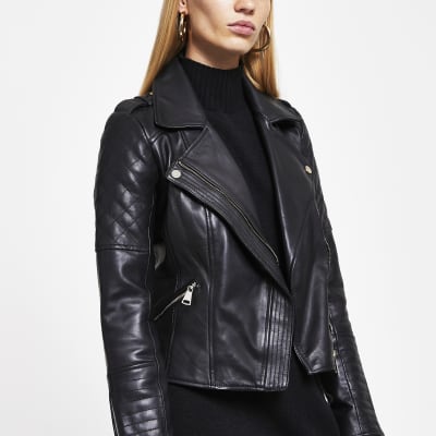 Black Leather quilted biker jacket | River Island