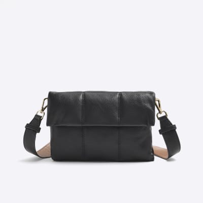 Black leather quilted cross body bag River Island