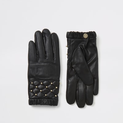 Black leather quilted stud gloves River Island