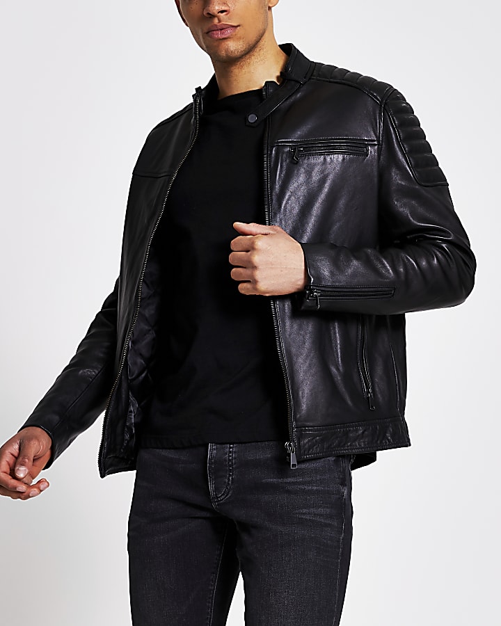 Black leather racer jacket