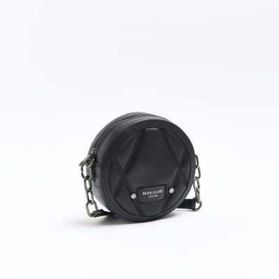 Black leather round cross body bag River Island