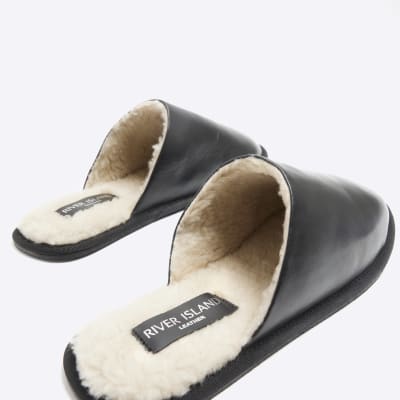 Black leather slippers | River Island