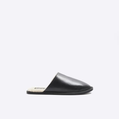 Black leather slippers River Island