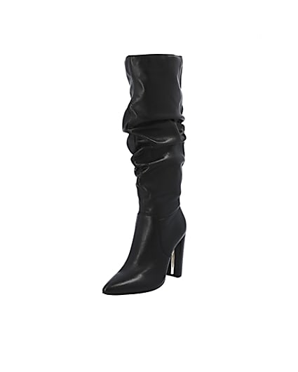 360 degree animation of product Black leather slouch heel boot frame-0