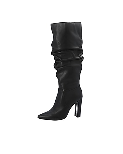 360 degree animation of product Black leather slouch heel boot frame-2