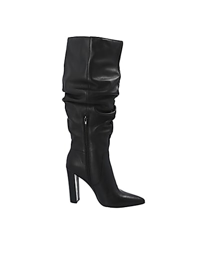 360 degree animation of product Black leather slouch heel boot frame-16