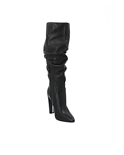 360 degree animation of product Black leather slouch heel boot frame-19