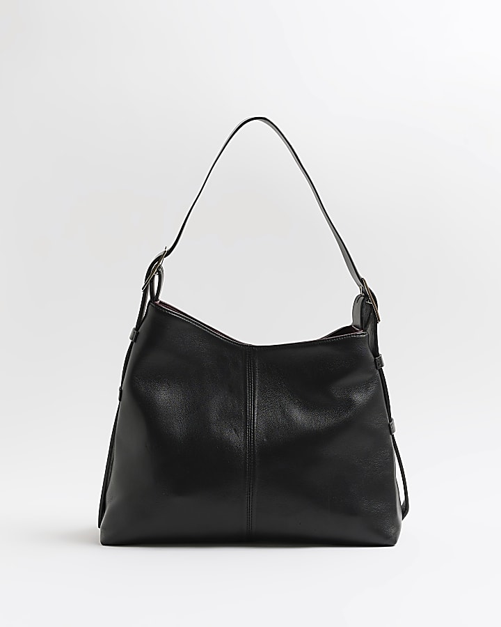 Black leather slouch shoulder bag | River Island