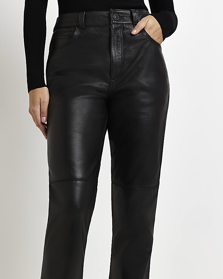 Black leather straight leg trousers