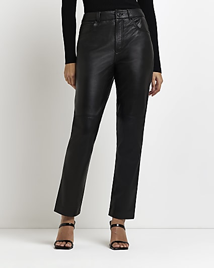 Black leather straight leg trousers