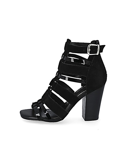 360 degree animation of product Black leather strappy heeled sandals frame-3
