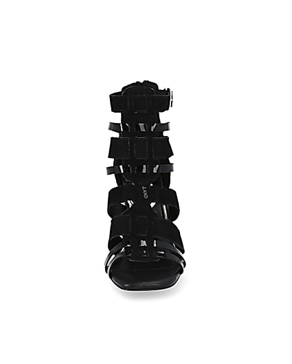 360 degree animation of product Black leather strappy heeled sandals frame-21