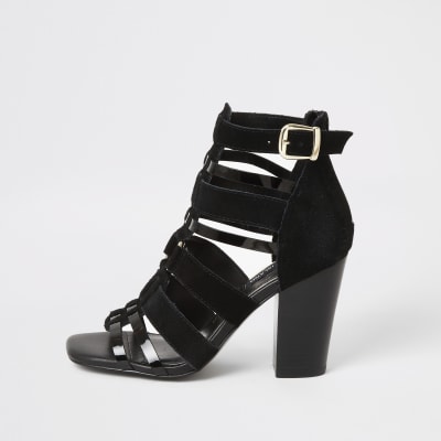 black leather strappy block heel sandals
