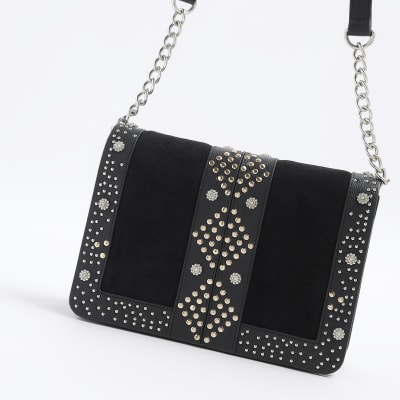 Black leather studded cross body bag River Island