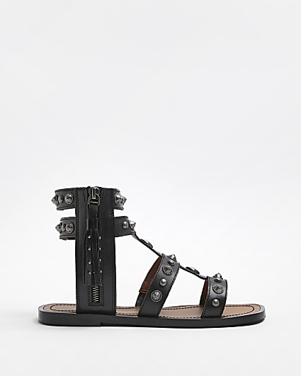 Black leather studded gladiator sandals