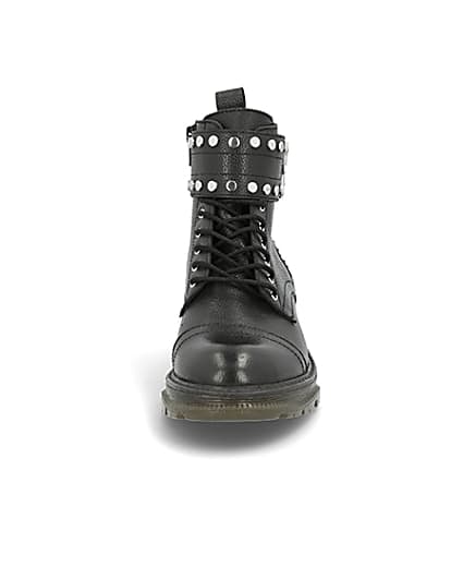 360 degree animation of product Black leather studded lace-up hiking boots frame-0