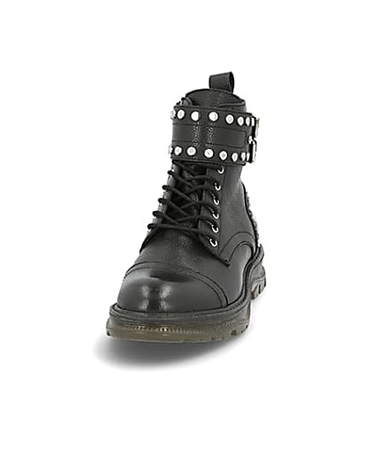 360 degree animation of product Black leather studded lace-up hiking boots frame-1