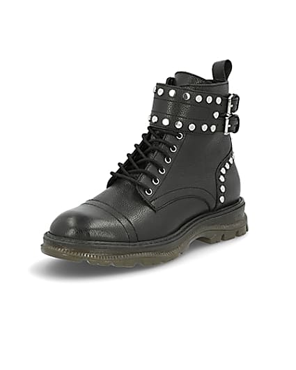 360 degree animation of product Black leather studded lace-up hiking boots frame-3