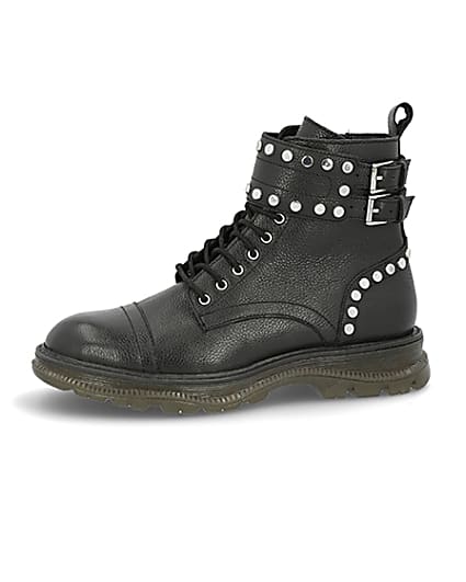 360 degree animation of product Black leather studded lace-up hiking boots frame-5