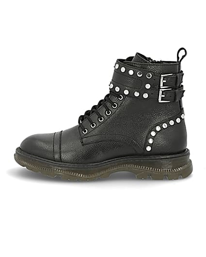 360 degree animation of product Black leather studded lace-up hiking boots frame-6