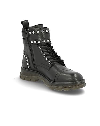 360 degree animation of product Black leather studded lace-up hiking boots frame-21