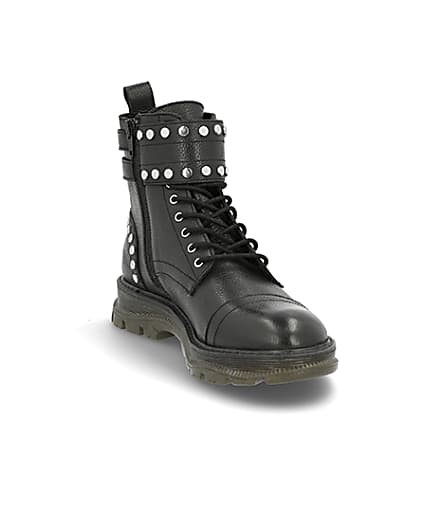360 degree animation of product Black leather studded lace-up hiking boots frame-22