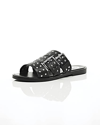 360 degree animation of product Black leather studded strap sandals frame-0
