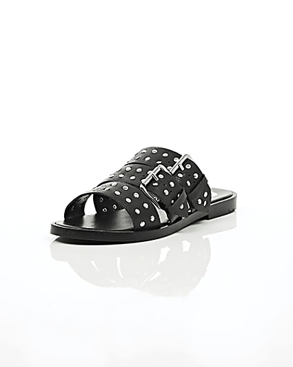 360 degree animation of product Black leather studded strap sandals frame-1