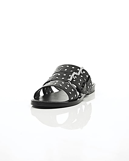 360 degree animation of product Black leather studded strap sandals frame-2